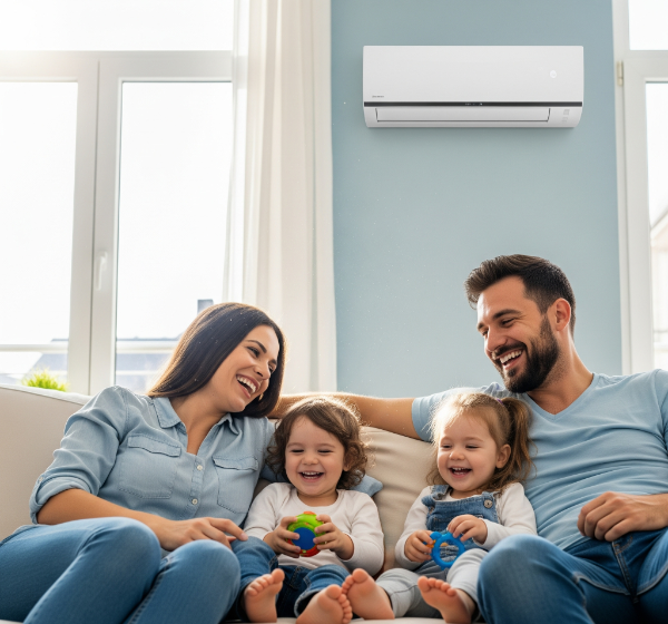Junge Familie lacht glücklich auf dem Sofa in einem sauberen Wohnzimmer, dank der frischen Luft aus der gewarteten Klimaanlage an der Wand.
